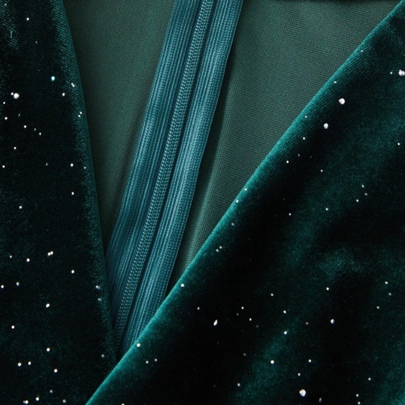 Sparkly Deep Green Velvet Deep V High Slit Midi Dress Long Sleeve - Picture 9 of 16